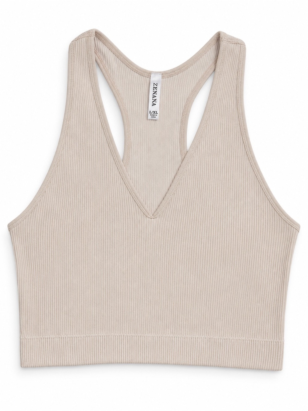 NWT Zenana Ribbed V-Neck Racerback Seamless Brami Tank Beige L/XL